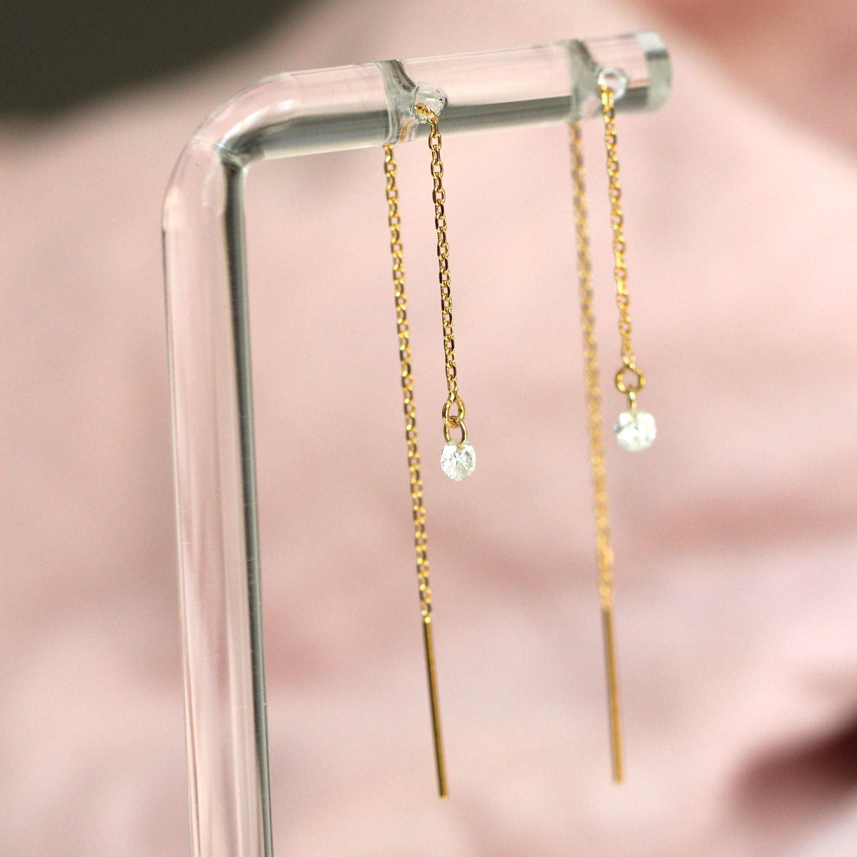 14K Diamond Threader Earrings, Lab Made Diamond, Double Hole Earrings, Chain Earrings, Solid Gold, Diamond Drop, Round Diamond, Dangle, 3mm