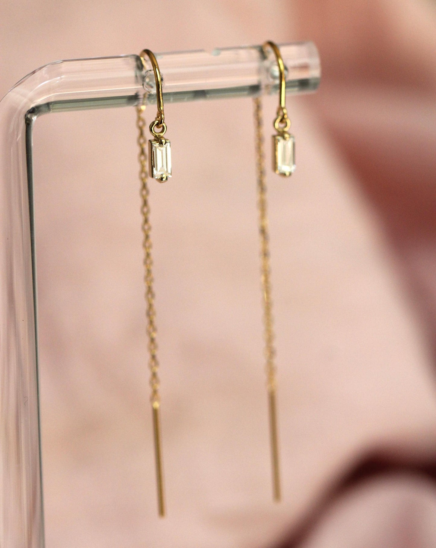 14K Diamond Baguette Threader Earrings, Hoop Threaders, Rectangle Diamond, Step Cut, Lab Made, Natural , Solid Gold Threader, Chain Earrings