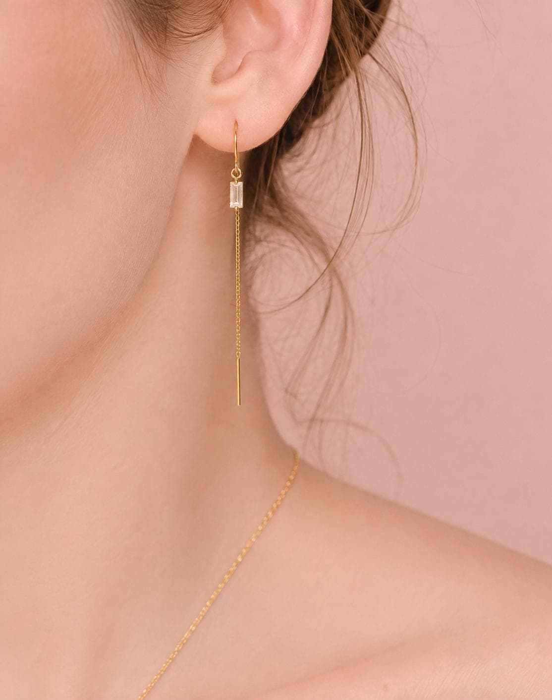 14K Diamond Baguette Threader Earrings, Hoop Threaders, Rectangle Diamond, Step Cut, Lab Made, Natural , Solid Gold Threader, Chain Earrings