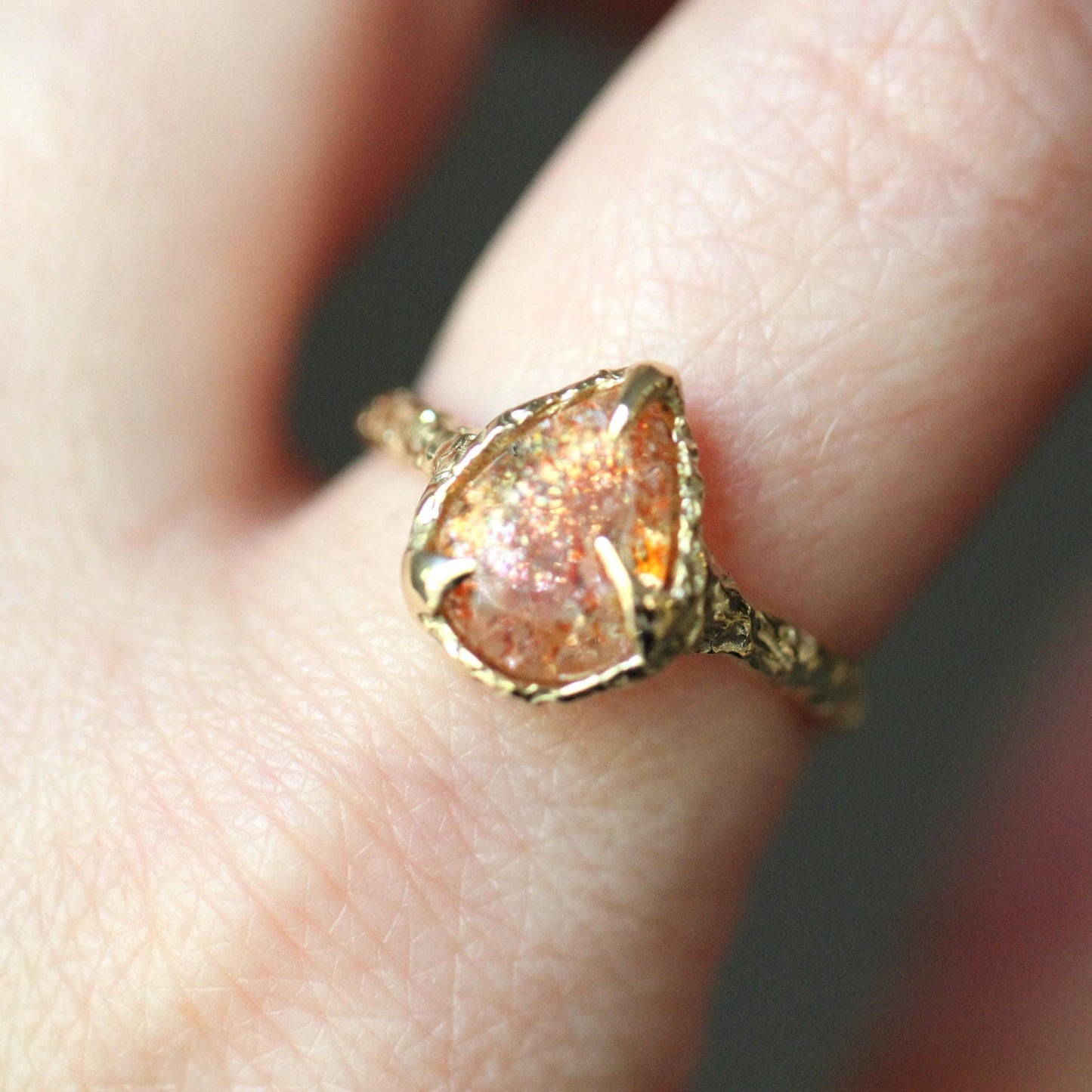 10K OOAK Confetti Sunstone Ring, Molted Ring, Organic Texture, Solid Gold, One Of A Kind, Pear Shape, Tear Shape, Orange Stone, Sparkle Gem