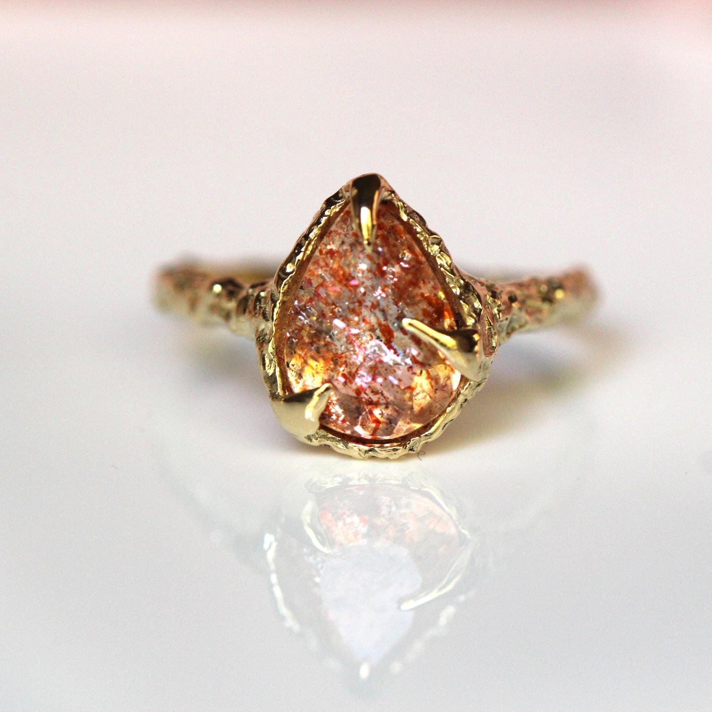 10K OOAK Confetti Sunstone Ring, Molted Ring, Organic Texture, Solid Gold, One Of A Kind, Pear Shape, Tear Shape, Orange Stone, Sparkle Gem