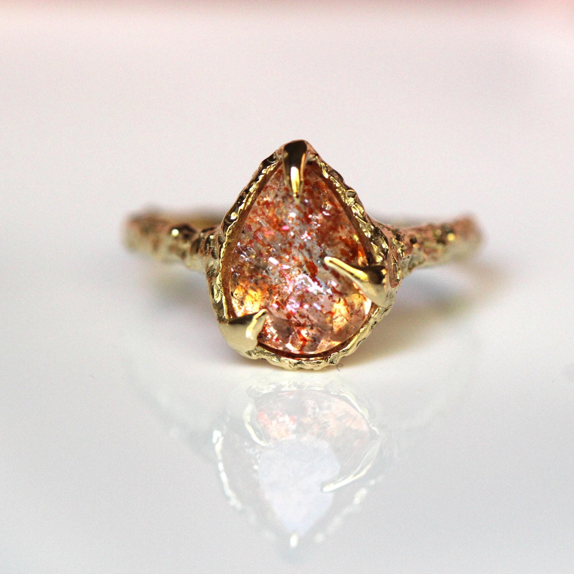 10K OOAK Confetti Sunstone Ring, Molted Ring, Organic Texture, Solid Gold, One Of A Kind, Pear Shape, Tear Shape, Orange Stone, Sparkle Gem