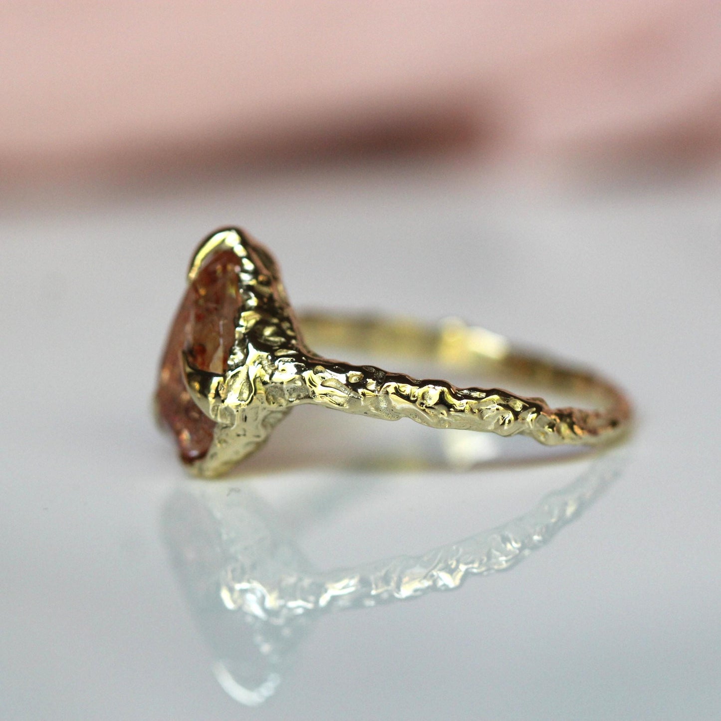 10K OOAK Confetti Sunstone Ring, Molted Ring, Organic Texture, Solid Gold, One Of A Kind, Pear Shape, Tear Shape, Orange Stone, Sparkle Gem