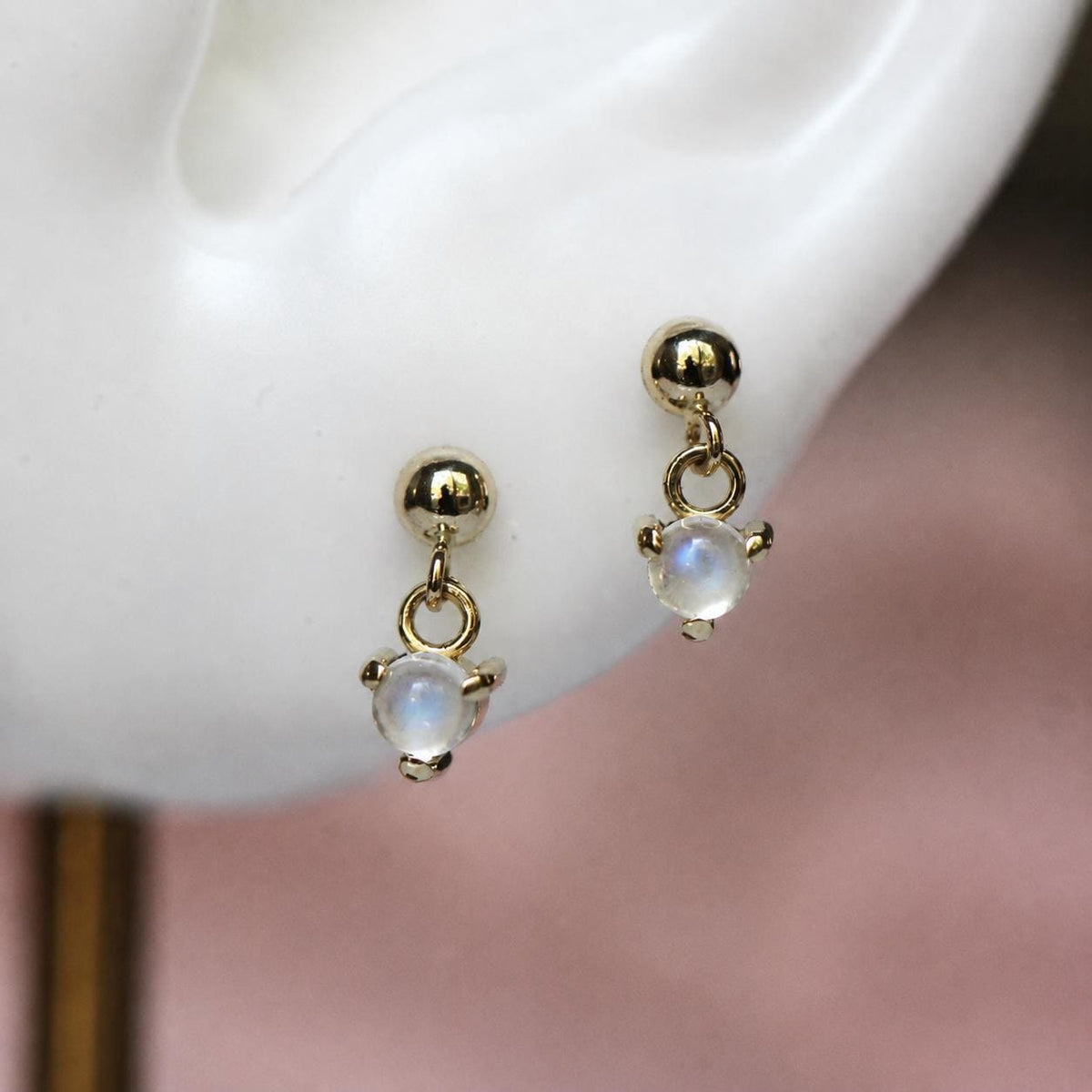 14K Moonstone Dangle Studs, Ball Studs, Blue Flash, Rainbow Moonstone, Solid Gold Earrings, Real Gold, Dreamy Studs, June Bithstone