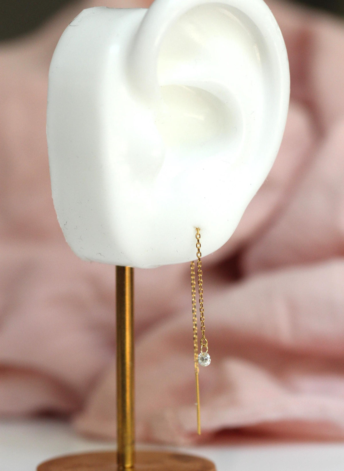 14K Diamond Threader Earrings, Lab Made Diamond, Double Hole Earrings, Chain Earrings, Solid Gold, Diamond Drop, Round Diamond, Dangle, 3mm