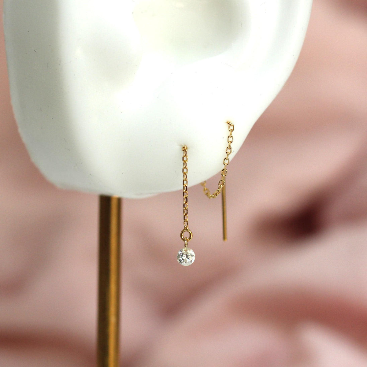 14K Diamond Threader Earrings, Lab Made Diamond, Double Hole Earrings, Chain Earrings, Solid Gold, Diamond Drop, Round Diamond, Dangle, 3mm