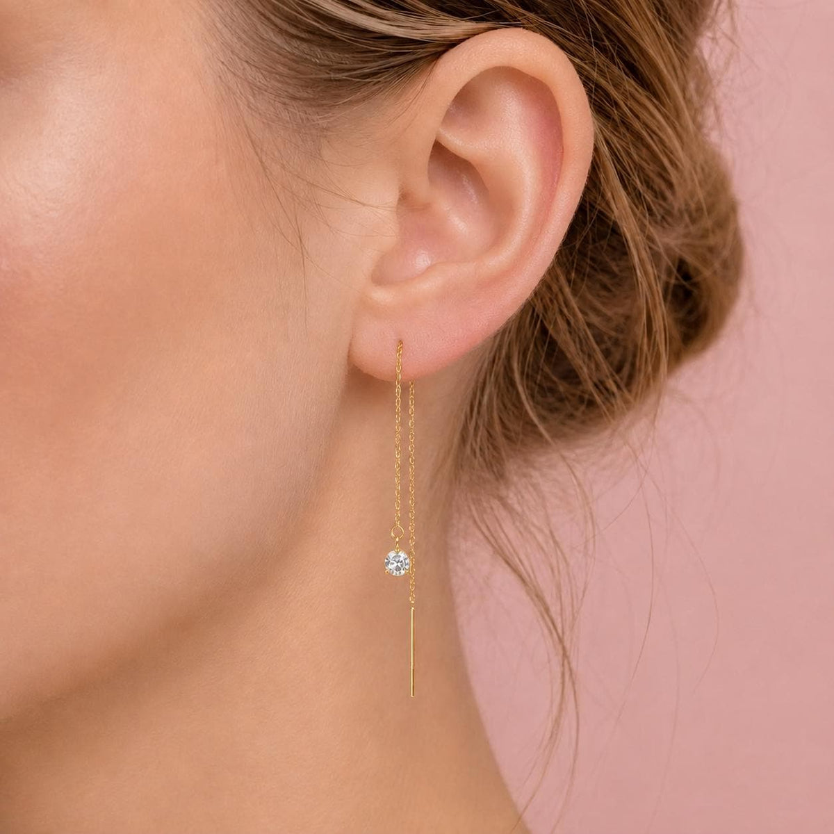 14K Diamond Threader Earrings, Lab Made Diamond, Double Hole Earrings, Chain Earrings, Solid Gold, Diamond Drop, Round Diamond, Dangle, 3mm