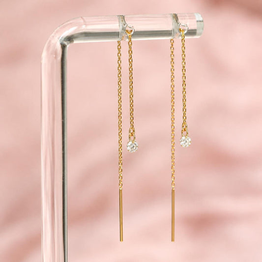 14K Diamond Threader Earrings, Lab Made Diamond, Double Hole Earrings, Chain Earrings, Solid Gold, Diamond Drop, Round Diamond, Dangle, 3mm