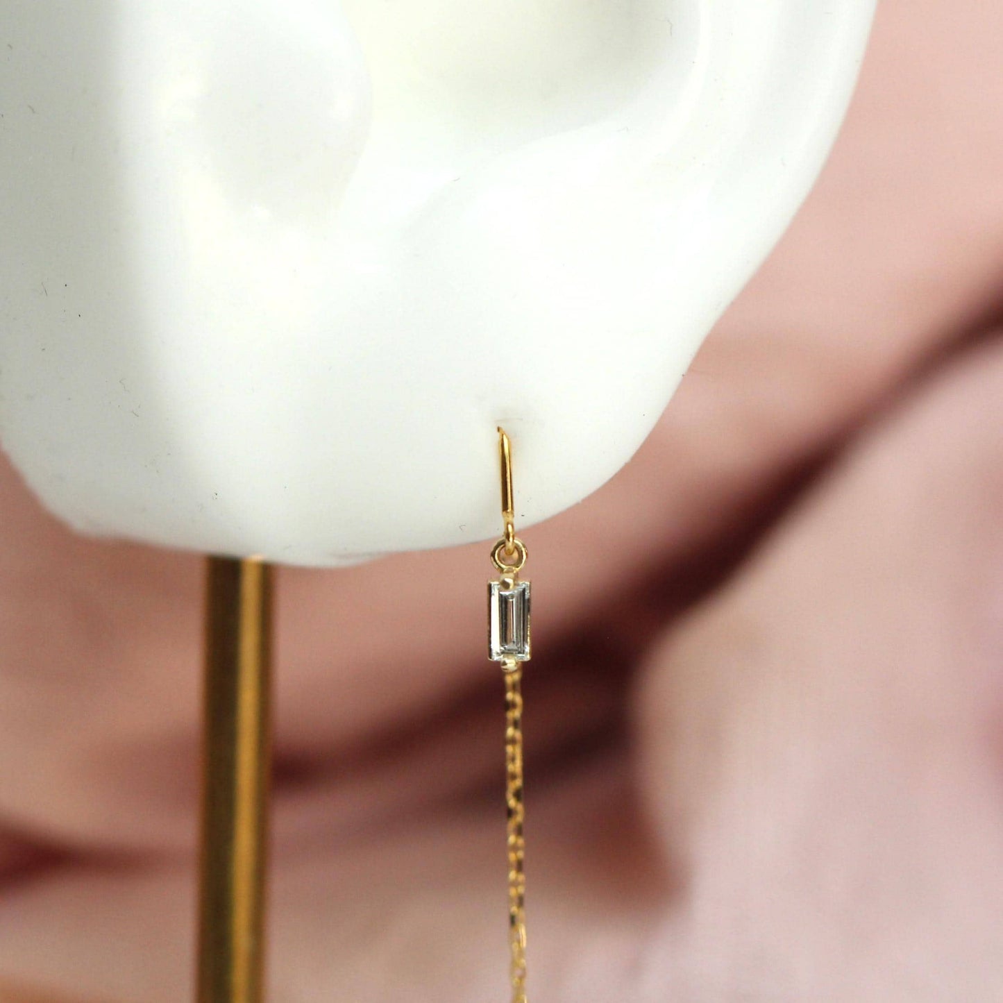 14K Diamond Baguette Threader Earrings, Hoop Threaders, Rectangle Diamond, Step Cut, Lab Made, Natural , Solid Gold Threader, Chain Earrings