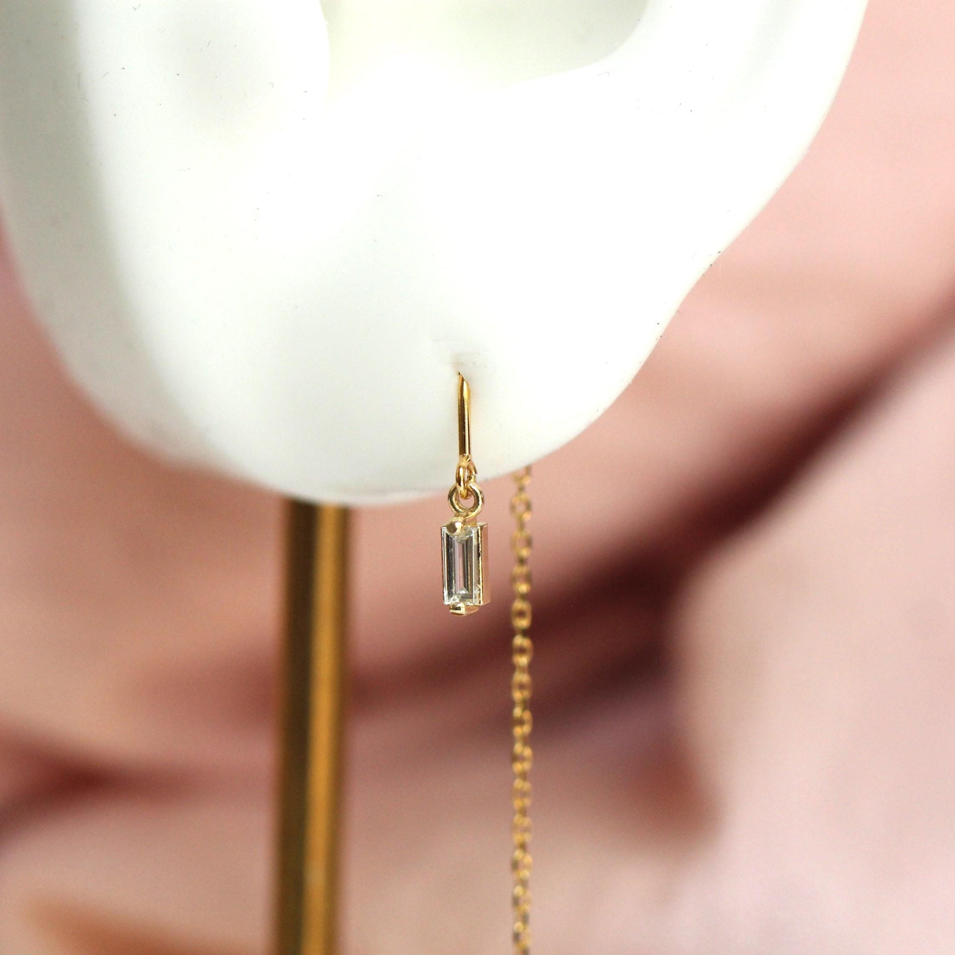 14K Diamond Baguette Threader Earrings, Hoop Threaders, Rectangle Diamond, Step Cut, Lab Made, Natural , Solid Gold Threader, Chain Earrings