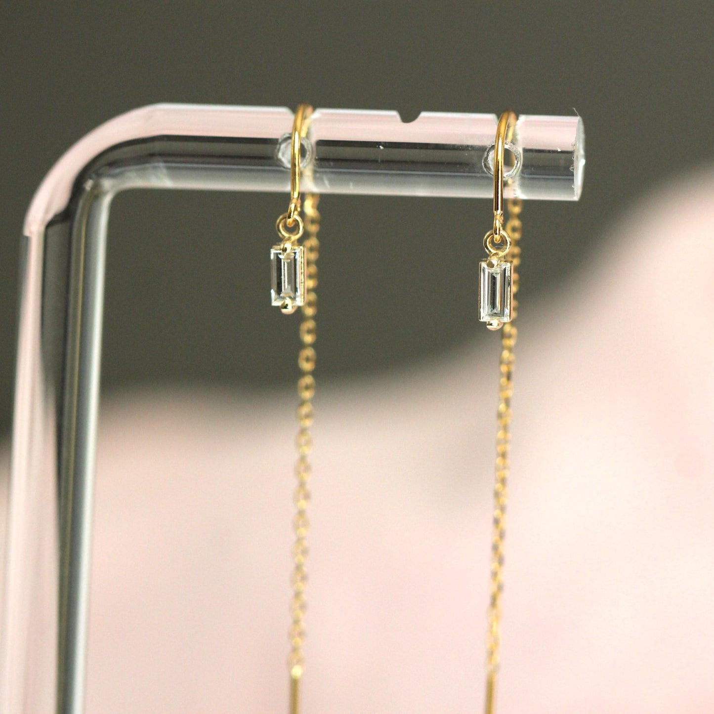 14K Diamond Baguette Threader Earrings, Hoop Threaders, Rectangle Diamond, Step Cut, Lab Made, Natural , Solid Gold Threader, Chain Earrings