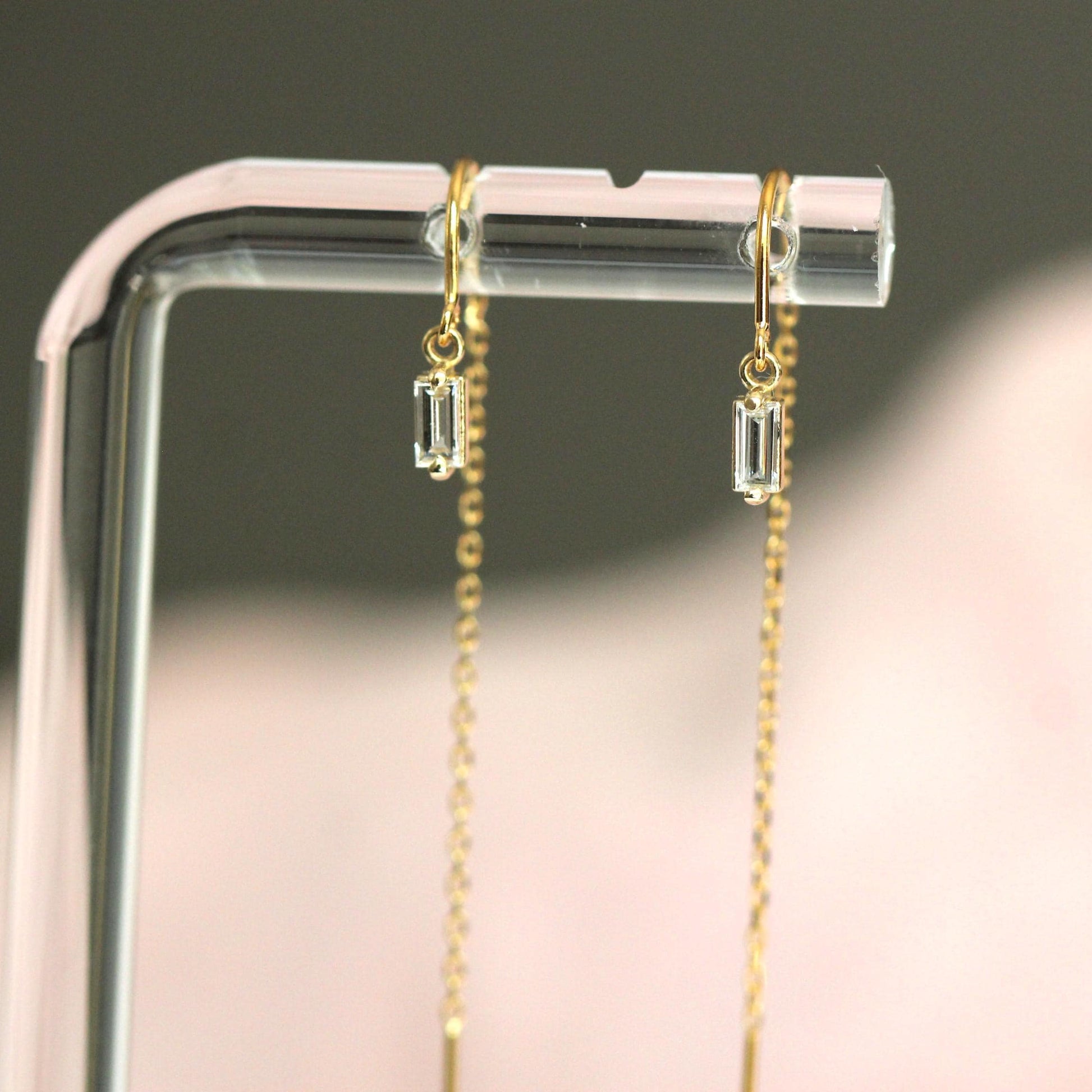 14K Diamond Baguette Threader Earrings, Hoop Threaders, Rectangle Diamond, Step Cut, Lab Made, Natural , Solid Gold Threader, Chain Earrings
