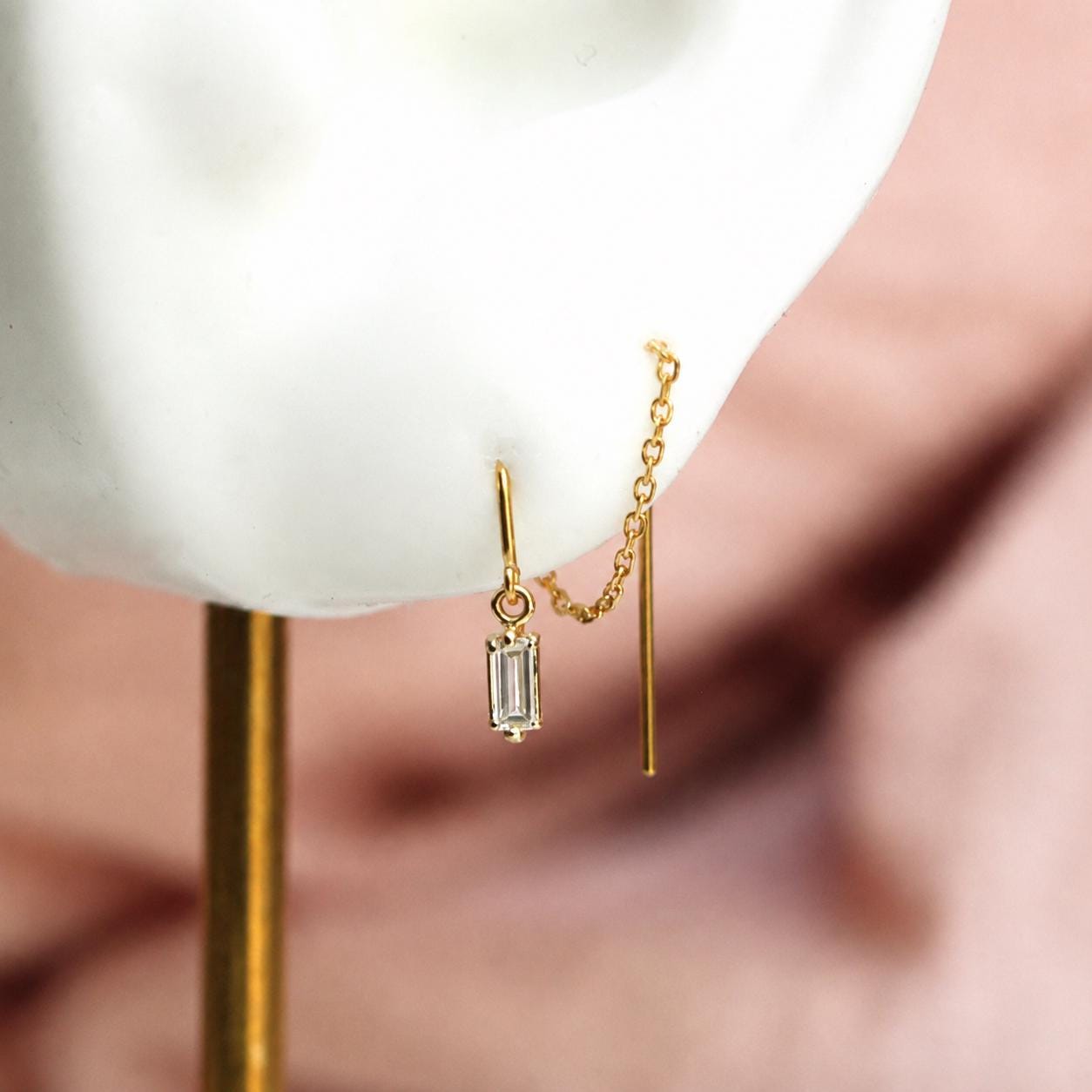 14K Diamond Baguette Threader Earrings, Hoop Threaders, Rectangle Diamond, Step Cut, Lab Made, Natural , Solid Gold Threader, Chain Earrings