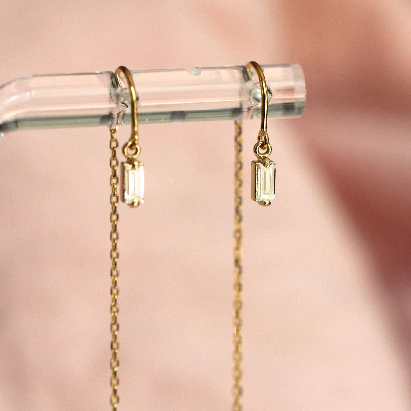 14K Diamond Baguette Threader Earrings, Hoop Threaders, Rectangle Diamond, Step Cut, Lab Made, Natural , Solid Gold Threader, Chain Earrings
