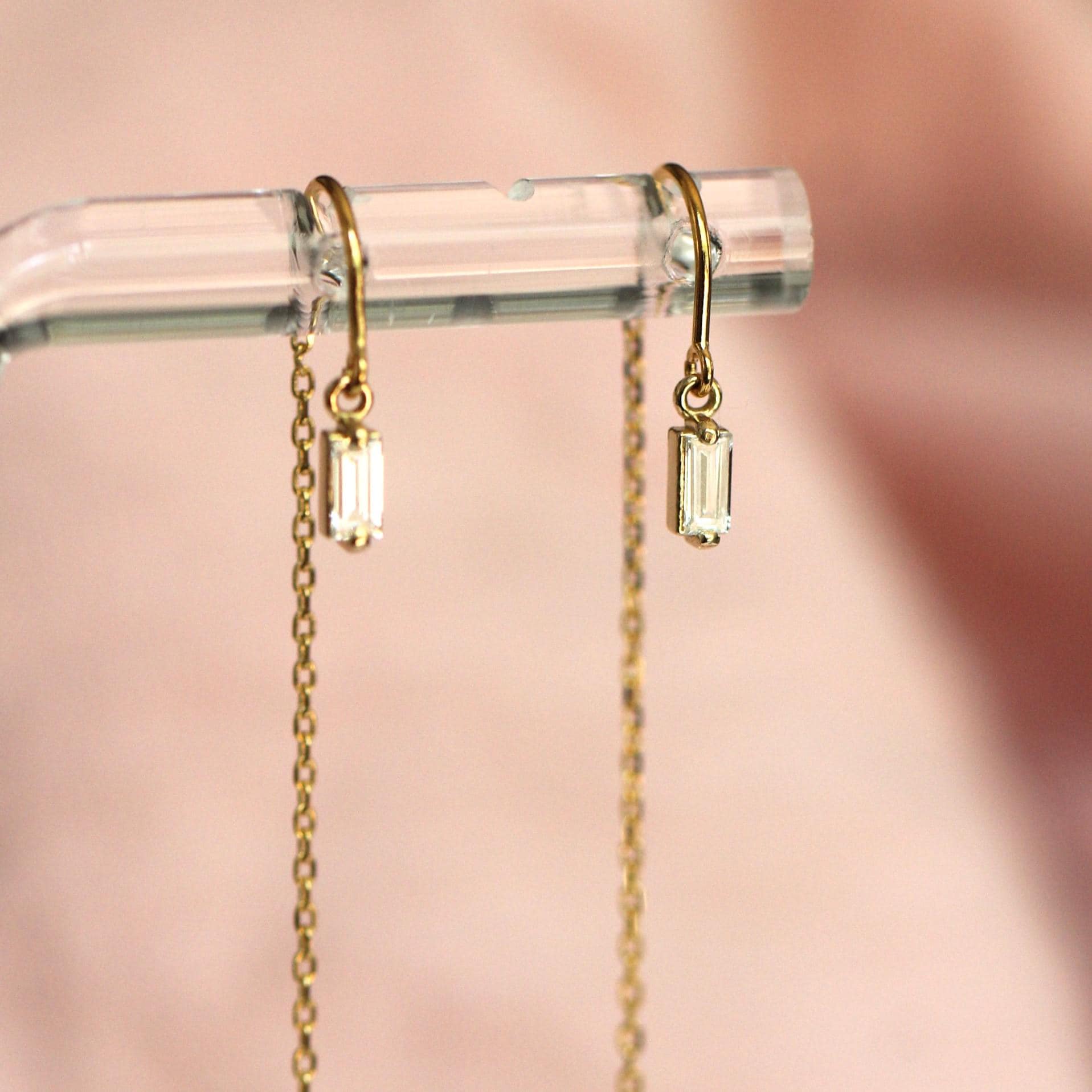 14K Diamond Baguette Threader Earrings, Hoop Threaders, Rectangle Diamond, Step Cut, Lab Made, Natural , Solid Gold Threader, Chain Earrings