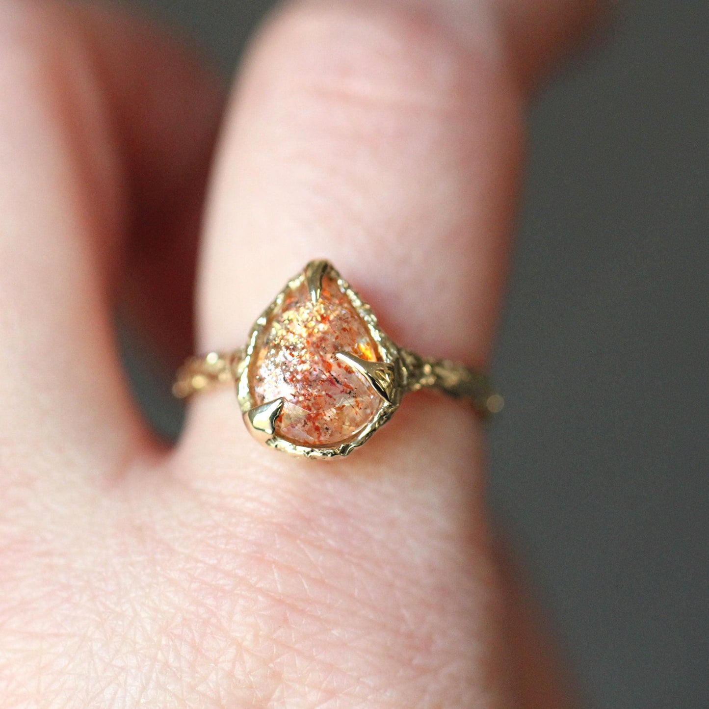 10K OOAK Confetti Sunstone Ring, Molted Ring, Organic Texture, Solid Gold, One Of A Kind, Pear Shape, Tear Shape, Orange Stone, Sparkle Gem