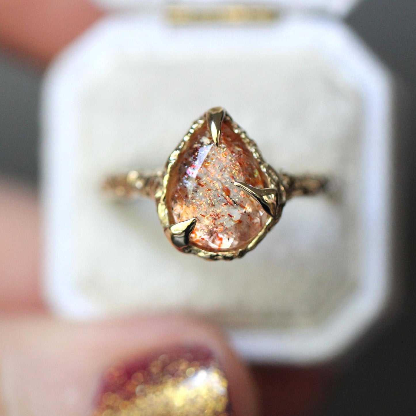 10K OOAK Confetti Sunstone Ring, Molted Ring, Organic Texture, Solid Gold, One Of A Kind, Pear Shape, Tear Shape, Orange Stone, Sparkle Gem