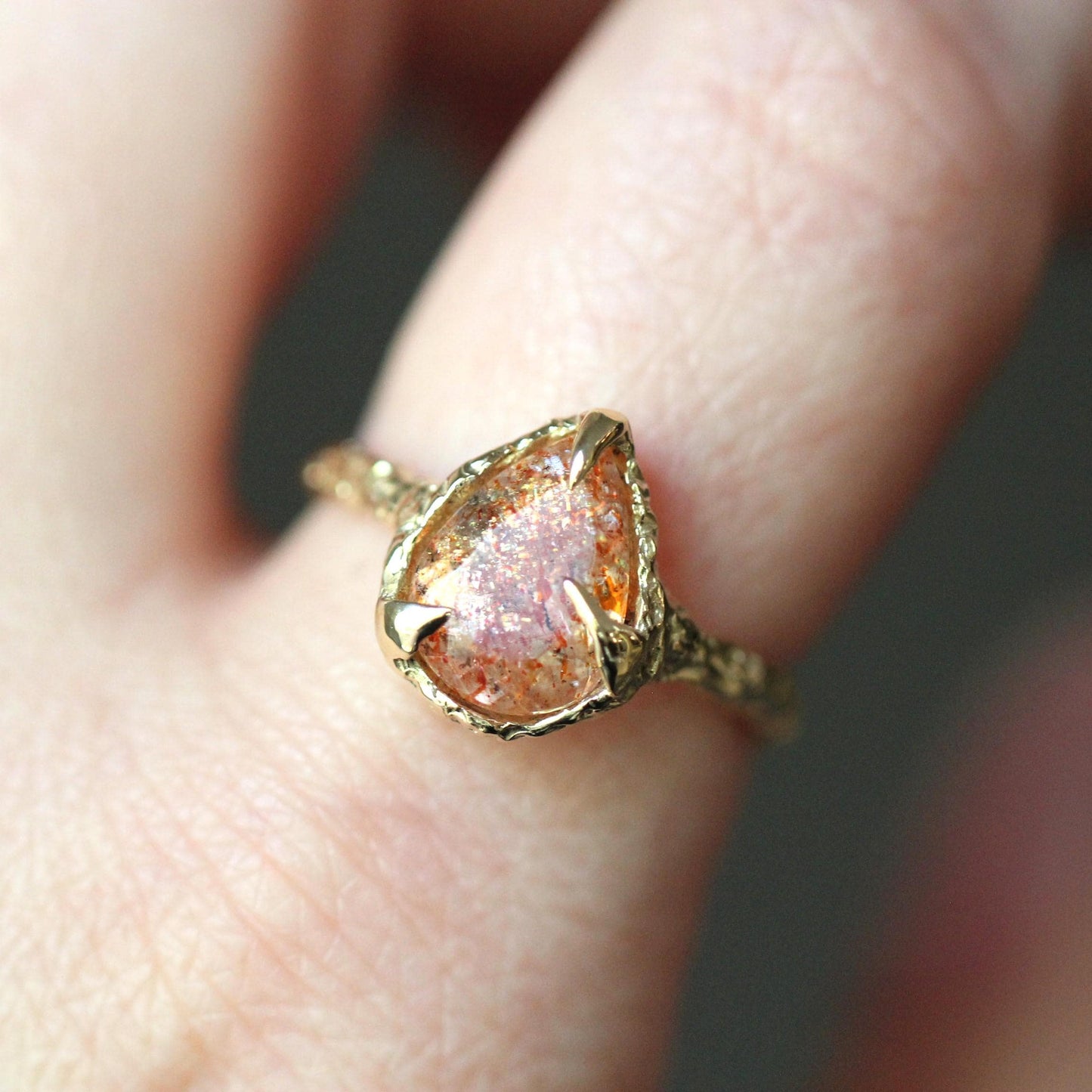 10K OOAK Confetti Sunstone Ring, Molted Ring, Organic Texture, Solid Gold, One Of A Kind, Pear Shape, Tear Shape, Orange Stone, Sparkle Gem