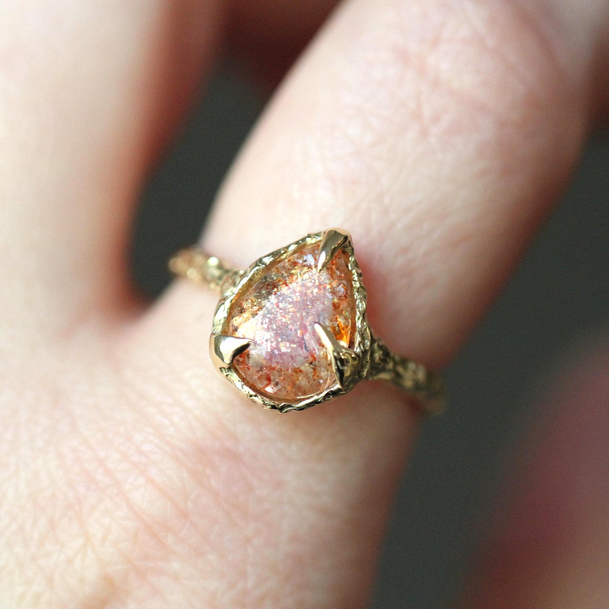 10K OOAK Confetti Sunstone Ring, Molted Ring, Organic Texture, Solid Gold, One Of A Kind, Pear Shape, Tear Shape, Orange Stone, Sparkle Gem