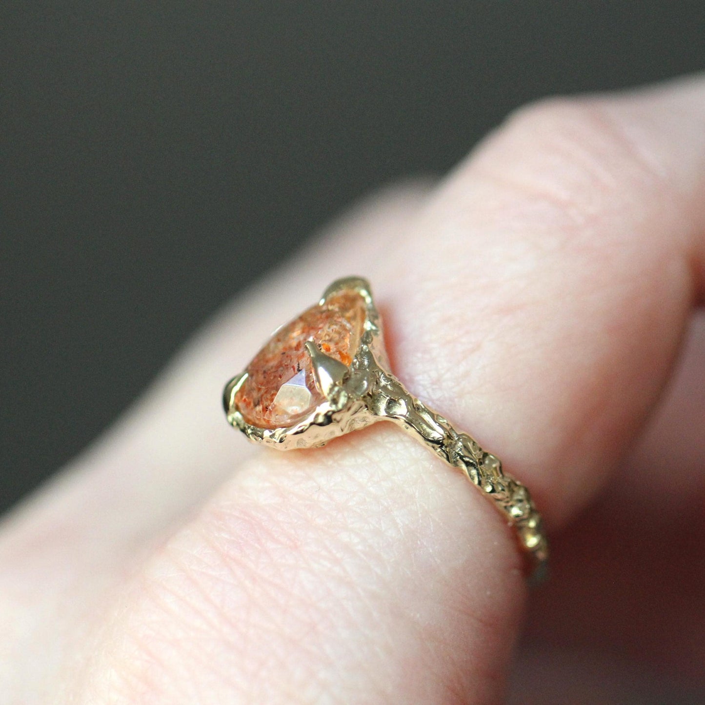 10K OOAK Confetti Sunstone Ring, Molted Ring, Organic Texture, Solid Gold, One Of A Kind, Pear Shape, Tear Shape, Orange Stone, Sparkle Gem