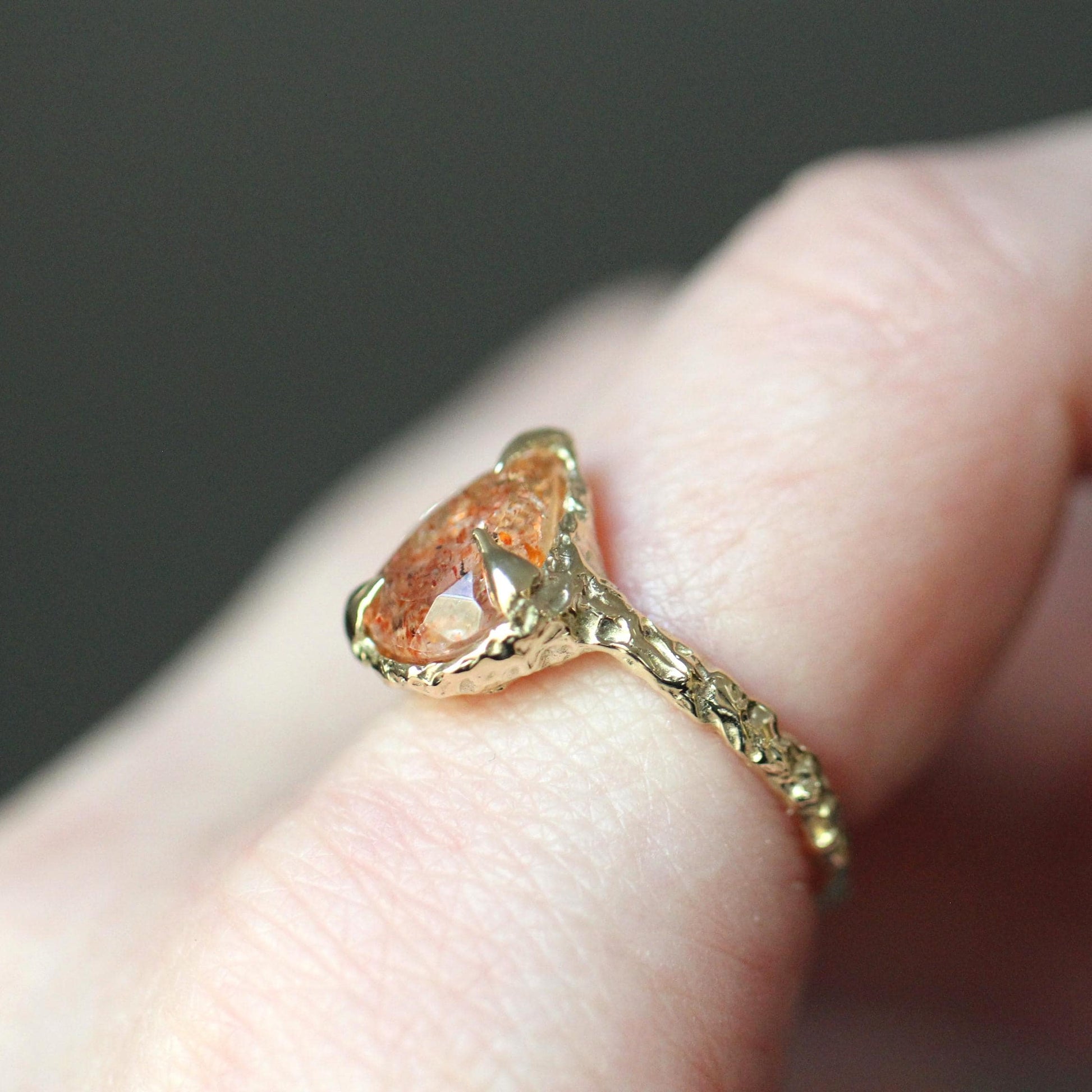 10K OOAK Confetti Sunstone Ring, Molted Ring, Organic Texture, Solid Gold, One Of A Kind, Pear Shape, Tear Shape, Orange Stone, Sparkle Gem