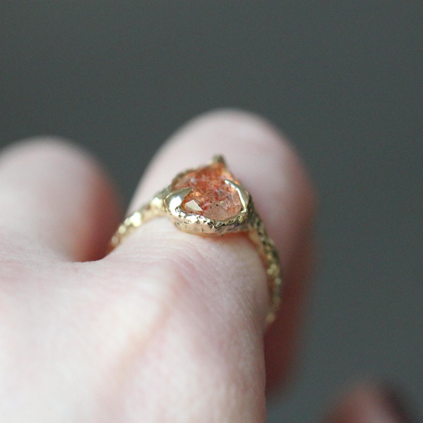 10K OOAK Confetti Sunstone Ring, Molted Ring, Organic Texture, Solid Gold, One Of A Kind, Pear Shape, Tear Shape, Orange Stone, Sparkle Gem