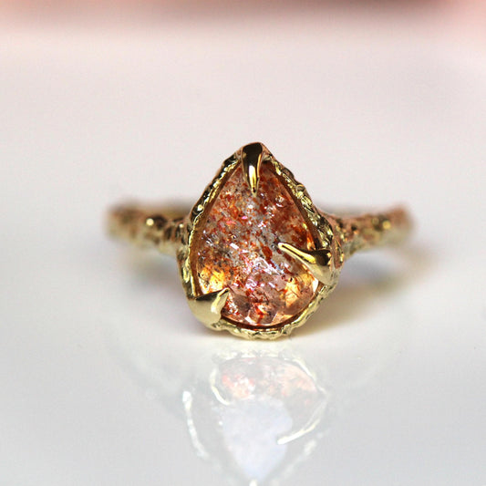 10K OOAK Confetti Sunstone Ring, Molted Ring, Organic Texture, Solid Gold, One Of A Kind, Pear Shape, Tear Shape, Orange Stone, Sparkle Gem