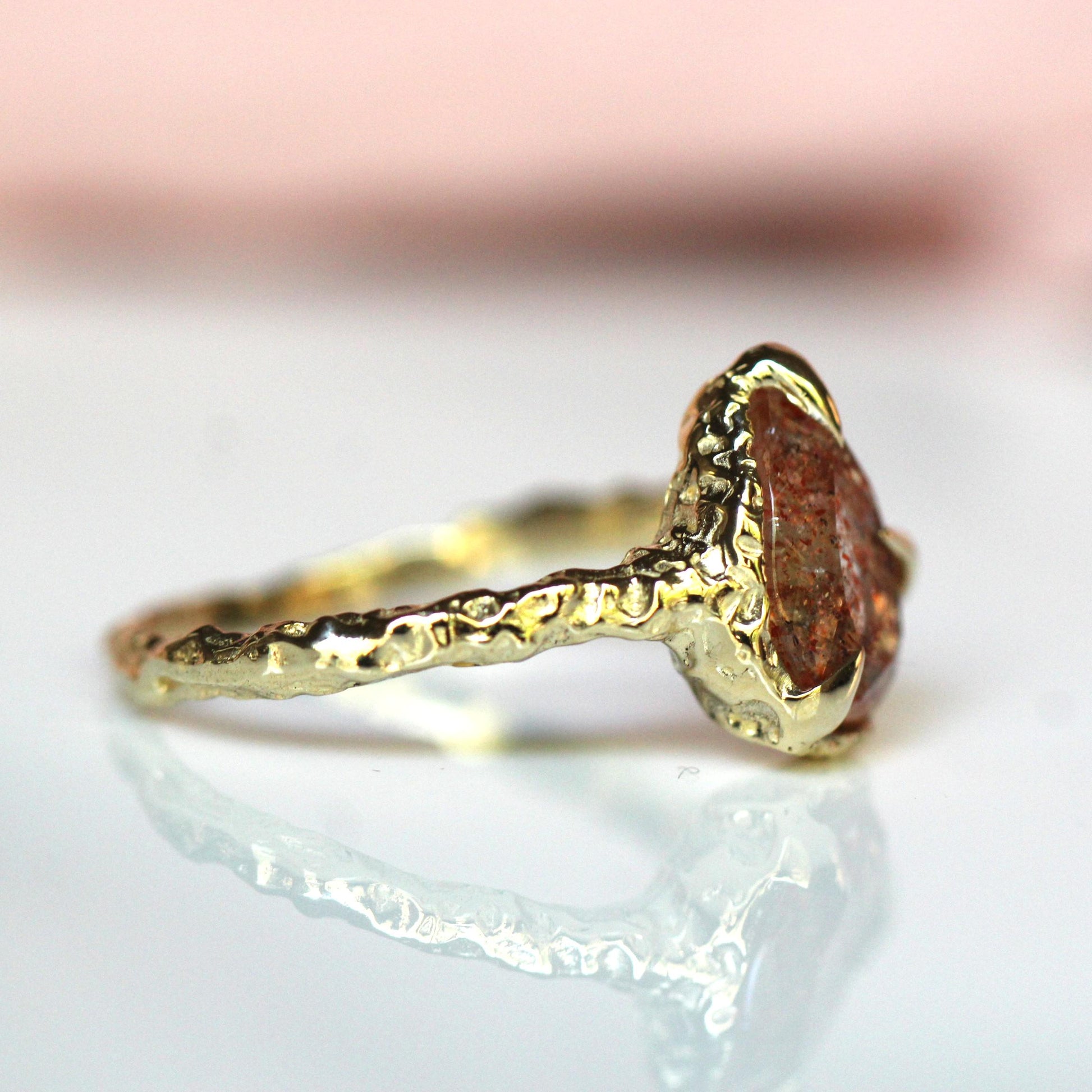 10K OOAK Confetti Sunstone Ring, Molted Ring, Organic Texture, Solid Gold, One Of A Kind, Pear Shape, Tear Shape, Orange Stone, Sparkle Gem