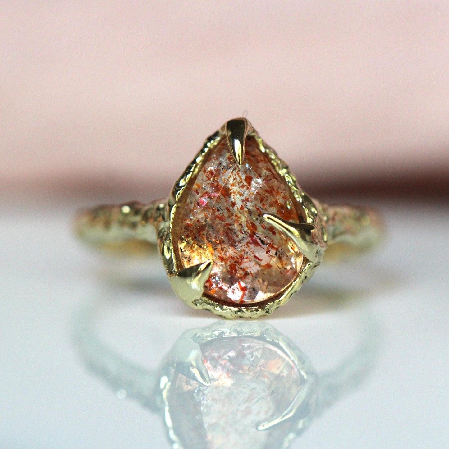 10K OOAK Confetti Sunstone Ring, Molted Ring, Organic Texture, Solid Gold, One Of A Kind, Pear Shape, Tear Shape, Orange Stone, Sparkle Gem