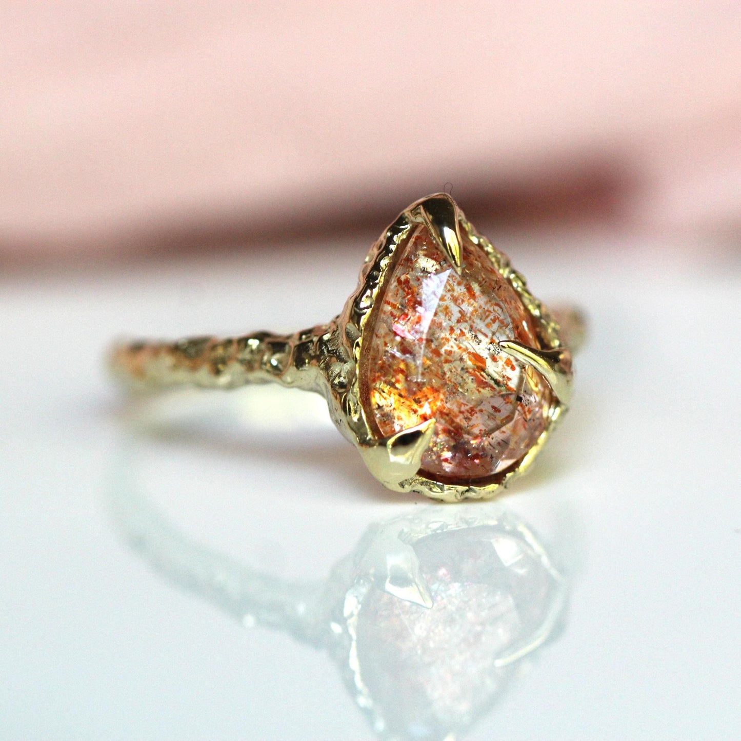 10K OOAK Confetti Sunstone Ring, Molted Ring, Organic Texture, Solid Gold, One Of A Kind, Pear Shape, Tear Shape, Orange Stone, Sparkle Gem