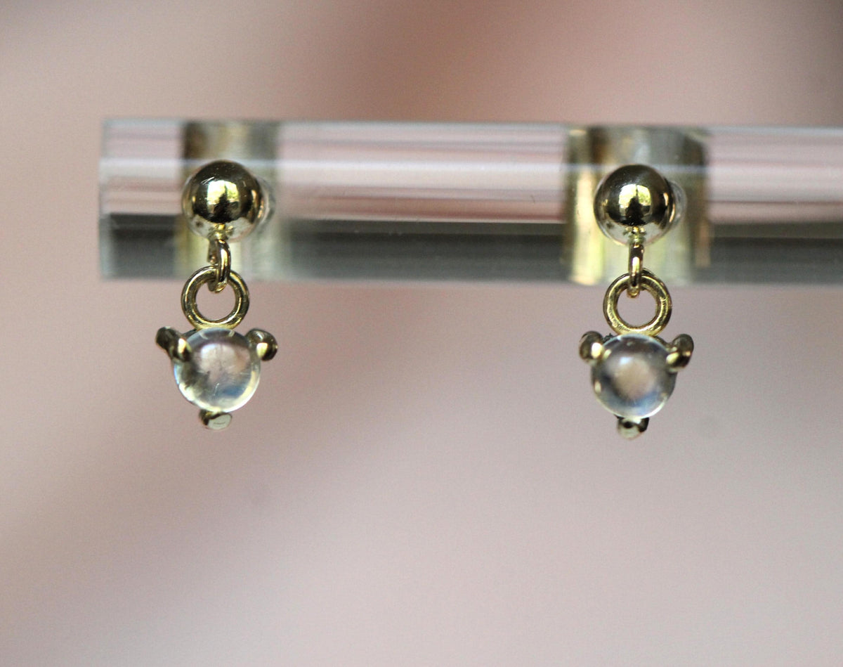 14K Moonstone Dangle Studs, Ball Studs, Blue Flash, Rainbow Moonstone, Solid Gold Earrings, Real Gold, Dreamy Studs, June Bithstone