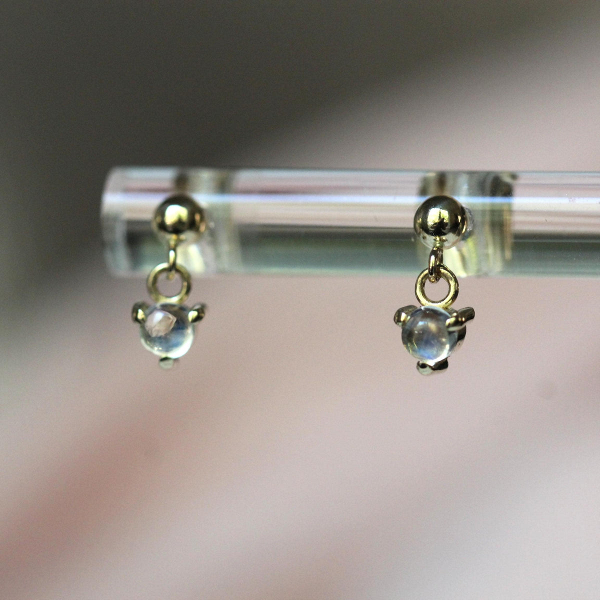 14K Moonstone Dangle Studs, Ball Studs, Blue Flash, Rainbow Moonstone, Solid Gold Earrings, Real Gold, Dreamy Studs, June Bithstone