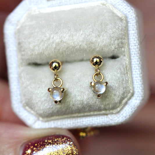 14K Moonstone Dangle Studs, Ball Studs, Blue Flash, Rainbow Moonstone, Solid Gold Earrings, Real Gold, Dreamy Studs, June Bithstone