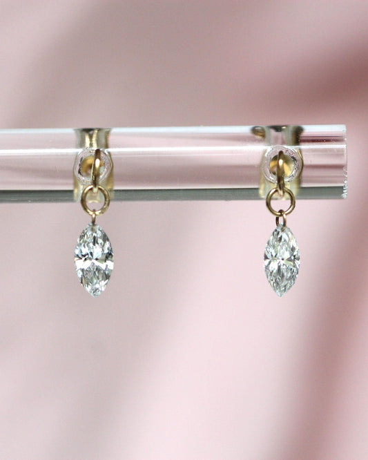 14K Floating Marquise Diamond Stud, Floating Diamond Studs, Solid Gold, Minimal Jewelry, Drop Earrings, Lab Made, Real Gold