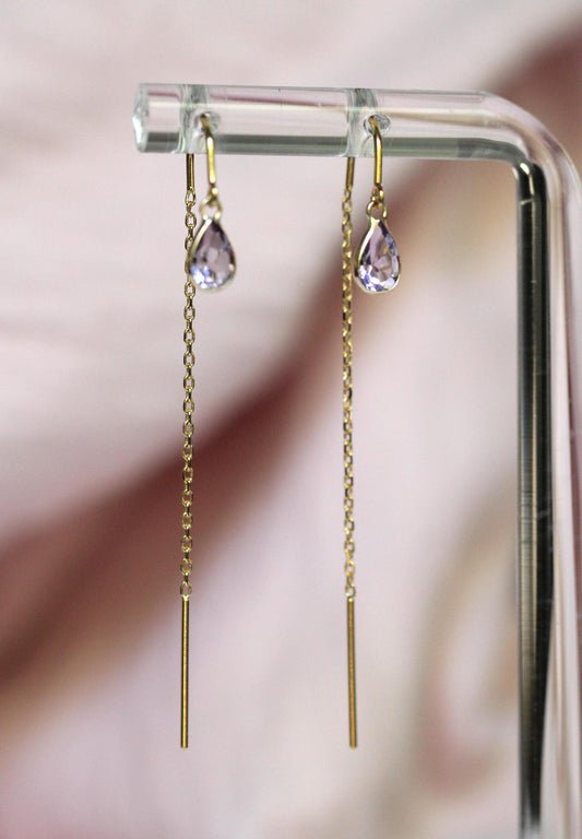 14K Amethyst Threader Earrings, Chain Earrings, Purple Stone, Pear stone, Real Gold. February Birthstone, Tear Shape, Loop Around Studs