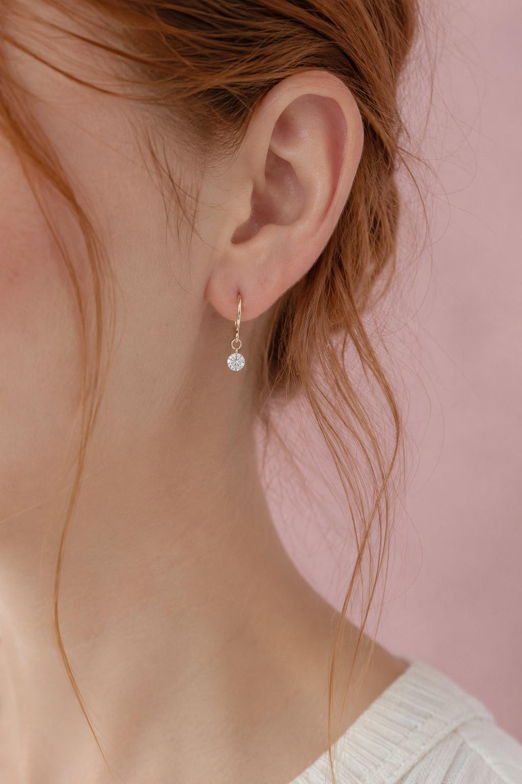 14K Gold Floating Diamond Hoop Earrings, Huggie Hoops, Round Diamond, Lab Made Diamond, Minimal Jewelry, Tight Hoops, Sparkle Diamond, 10K