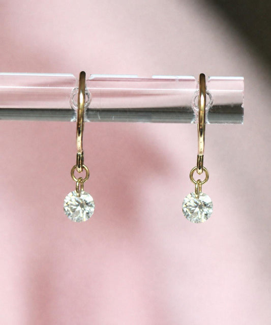 14K Gold Floating Diamond Hoop Earrings, Huggie Hoops, Round Diamond, Lab Made Diamond, Minimal Jewelry, Tight Hoops, Sparkle Diamond, 10K