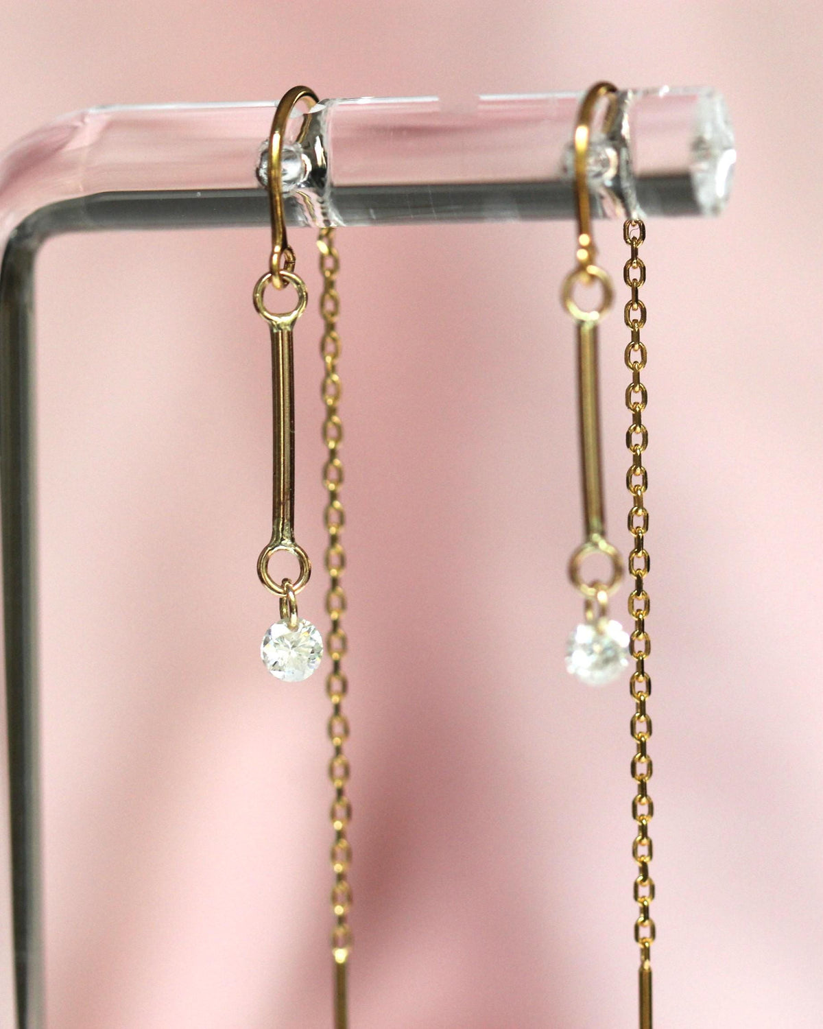14K Gold Threader Earrings, Bar Threader, Floating Diamond Threader, Minimal Jewelry, Chain Earring, Wrap Around Studs, Real Gold, Lab Made
