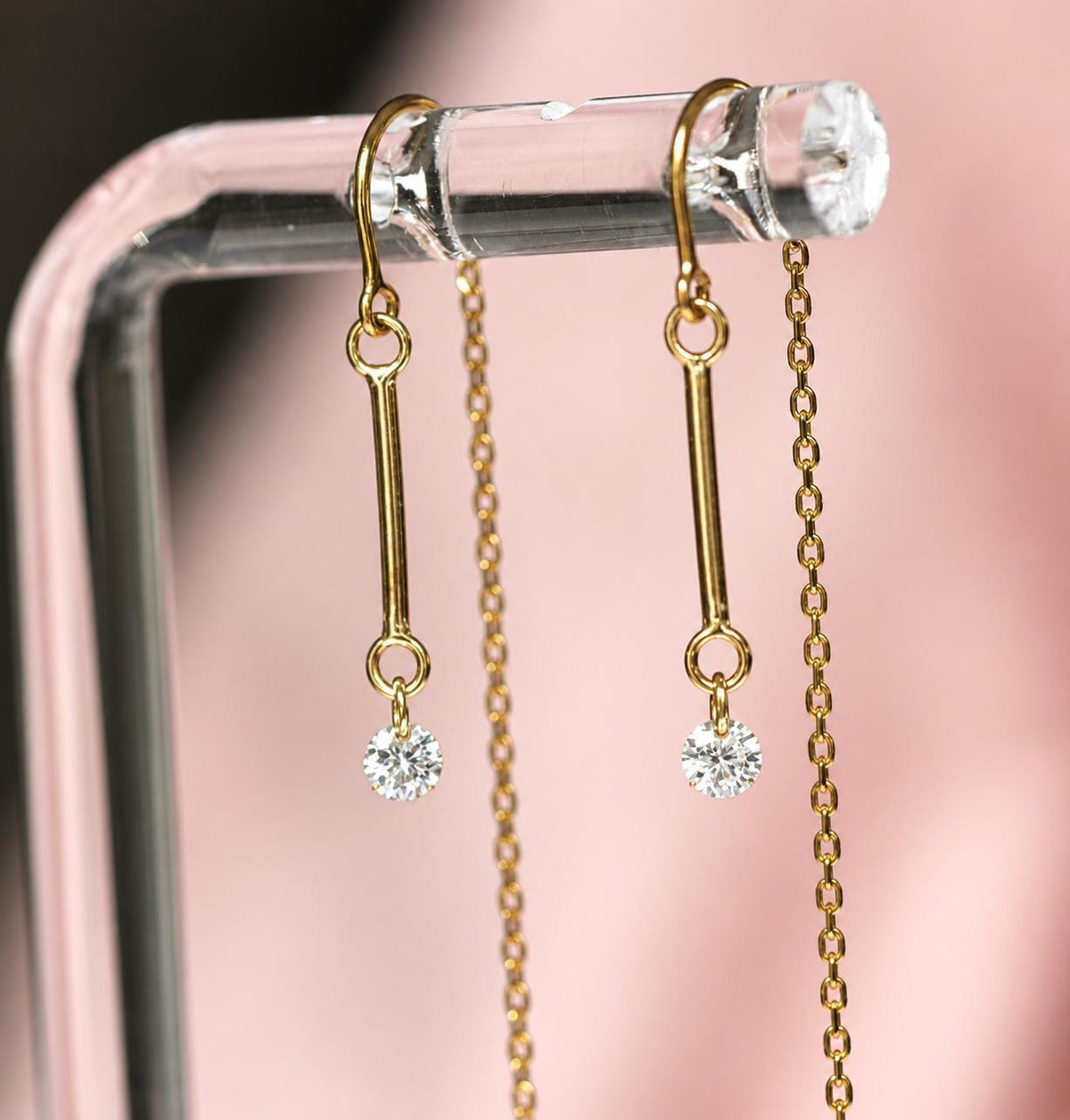 14K Gold Threader Earrings, Bar Threader, Floating Diamond Threader, Minimal Jewelry, Chain Earring, Wrap Around Studs, Real Gold, Lab Made