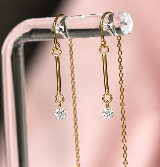 14K Gold Threader Earrings, Bar Threader, Floating Diamond Threader, Minimal Jewelry, Chain Earring, Wrap Around Studs, Real Gold, Lab Made
