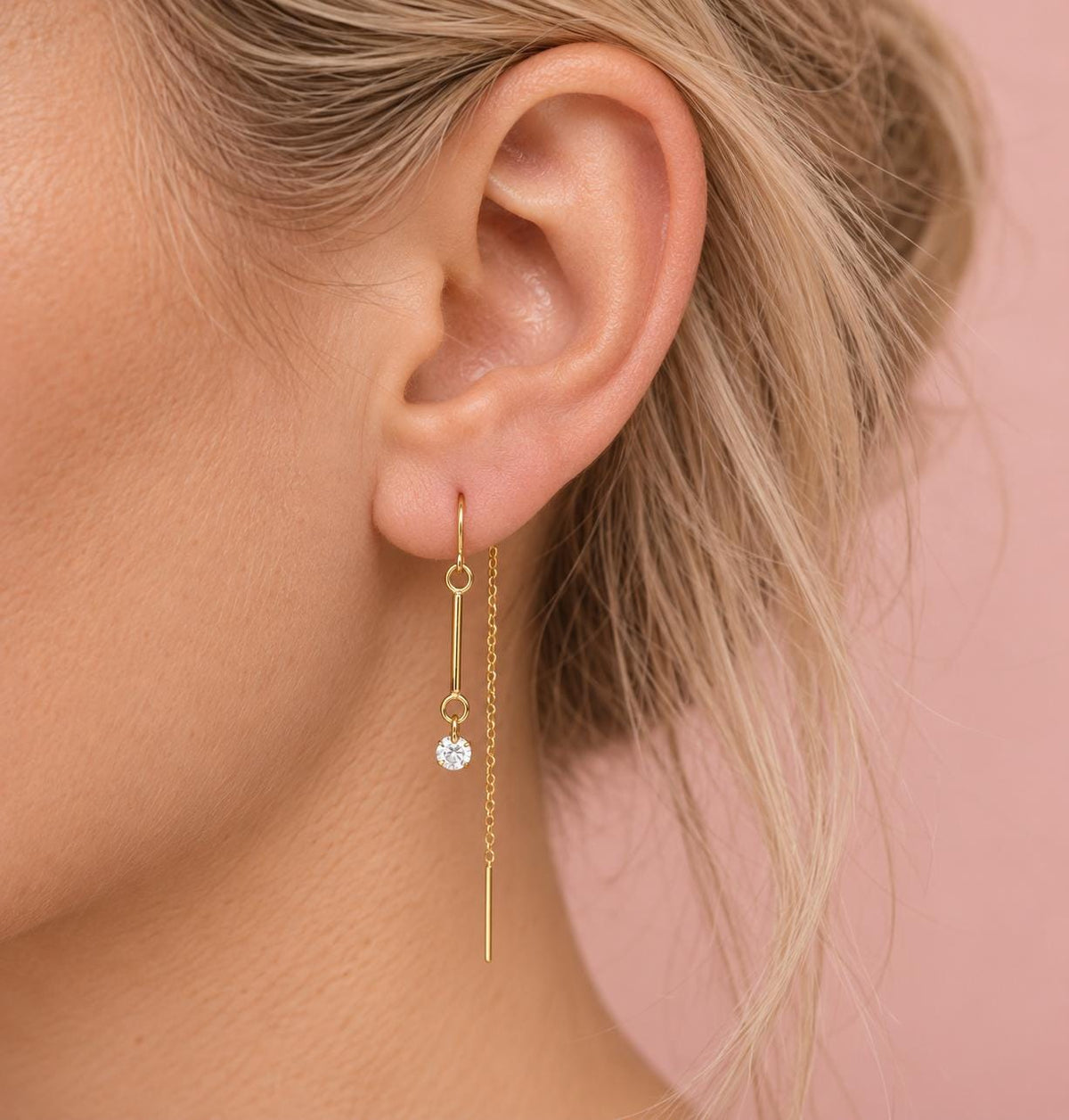 14K Gold Threader Earrings, Bar Threader, Floating Diamond Threader, Minimal Jewelry, Chain Earring, Wrap Around Studs, Real Gold, Lab Made