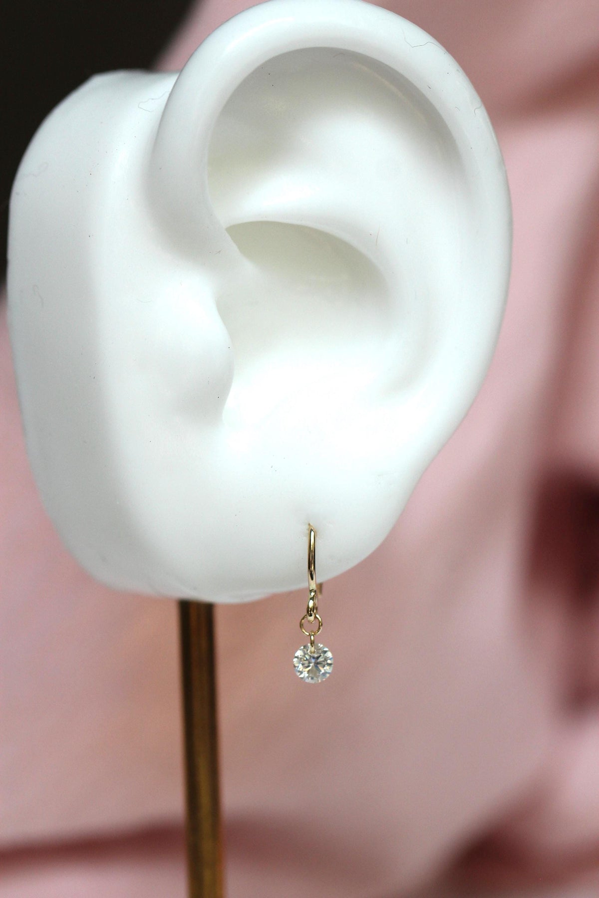 14K Gold Floating Diamond Hoop Earrings, Huggie Hoops, Round Diamond, Lab Made Diamond, Minimal Jewelry, Tight Hoops, Sparkle Diamond, 10K