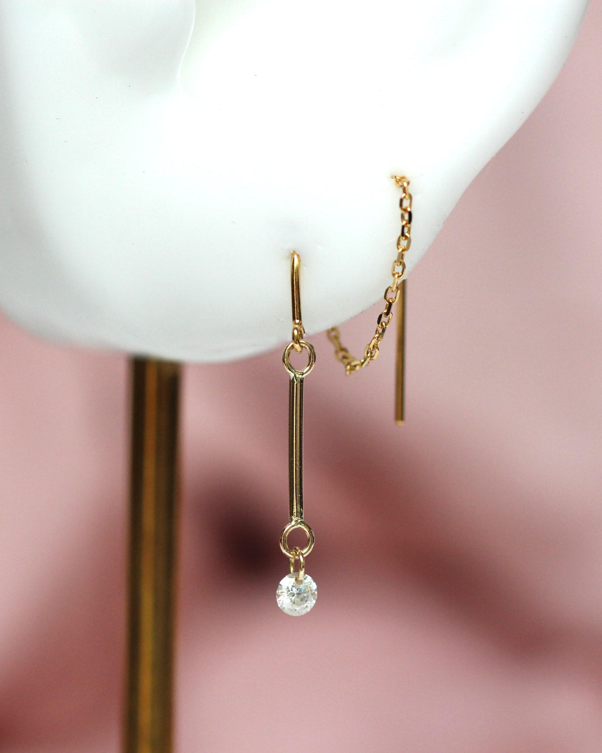 14K Gold Threader Earrings, Bar Threader, Floating Diamond Threader, Minimal Jewelry, Chain Earring, Wrap Around Studs, Real Gold, Lab Made