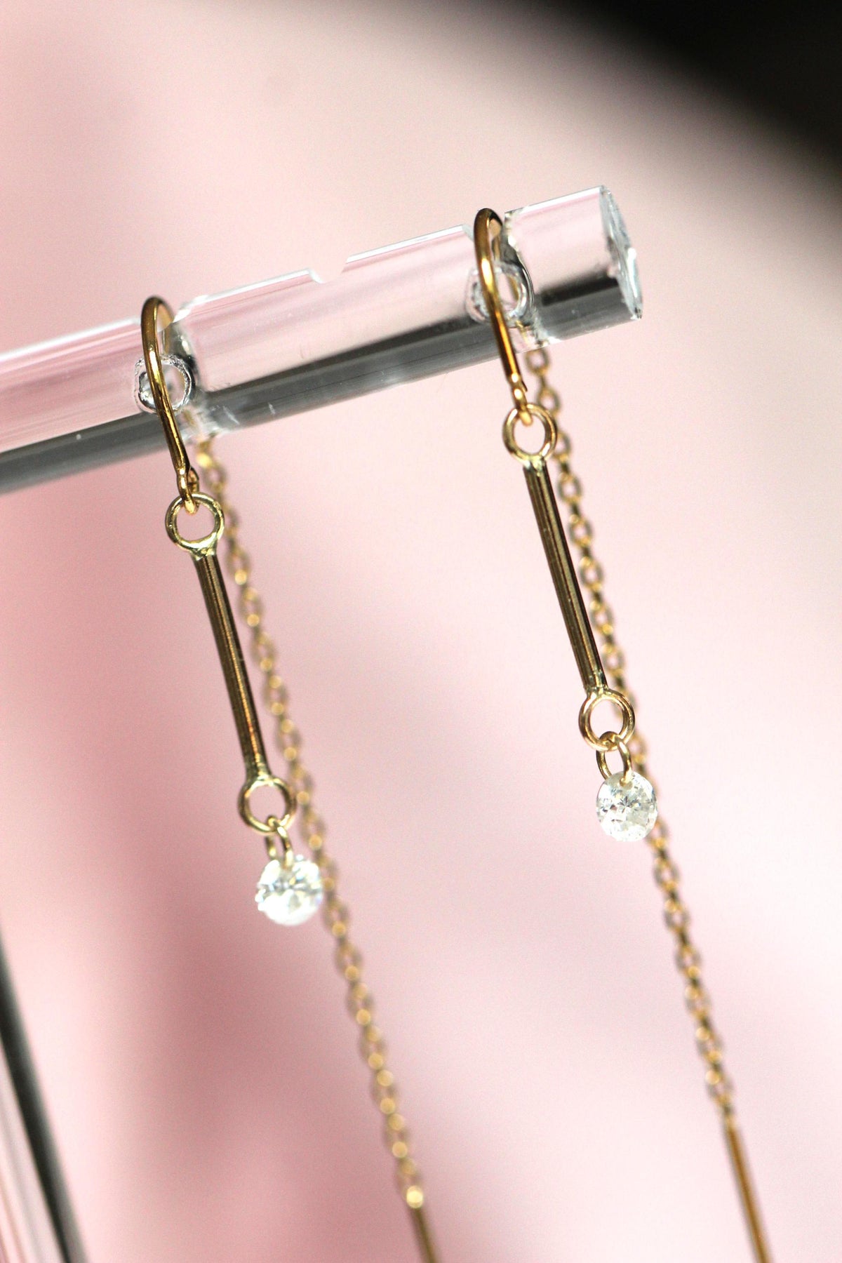 14K Gold Threader Earrings, Bar Threader, Floating Diamond Threader, Minimal Jewelry, Chain Earring, Wrap Around Studs, Real Gold, Lab Made