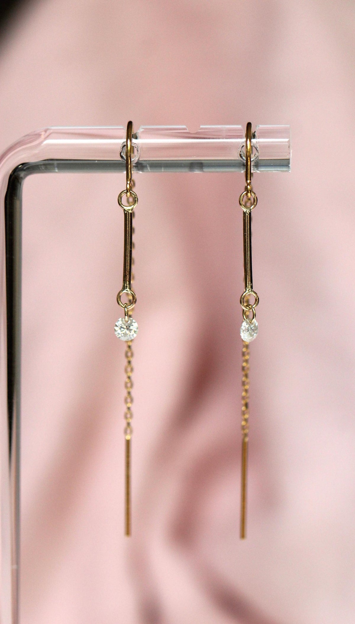 14K Gold Threader Earrings, Bar Threader, Floating Diamond Threader, Minimal Jewelry, Chain Earring, Wrap Around Studs, Real Gold, Lab Made