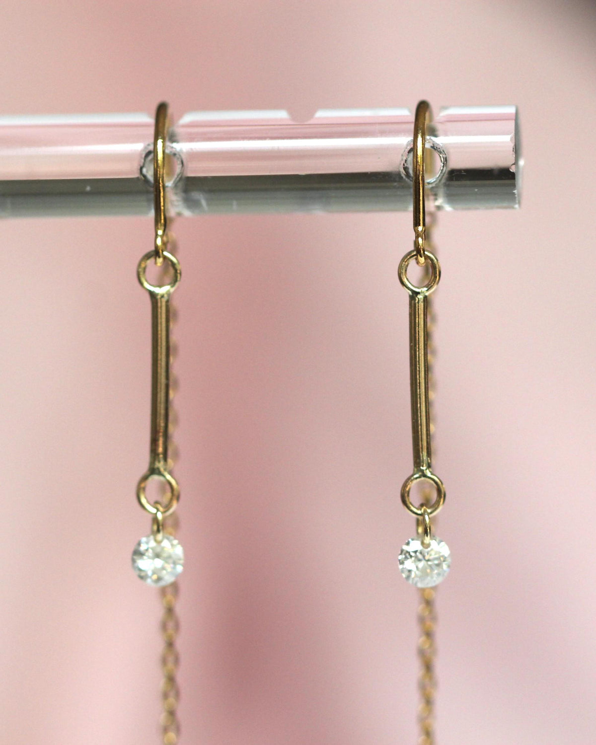 14K Gold Threader Earrings, Bar Threader, Floating Diamond Threader, Minimal Jewelry, Chain Earring, Wrap Around Studs, Real Gold, Lab Made
