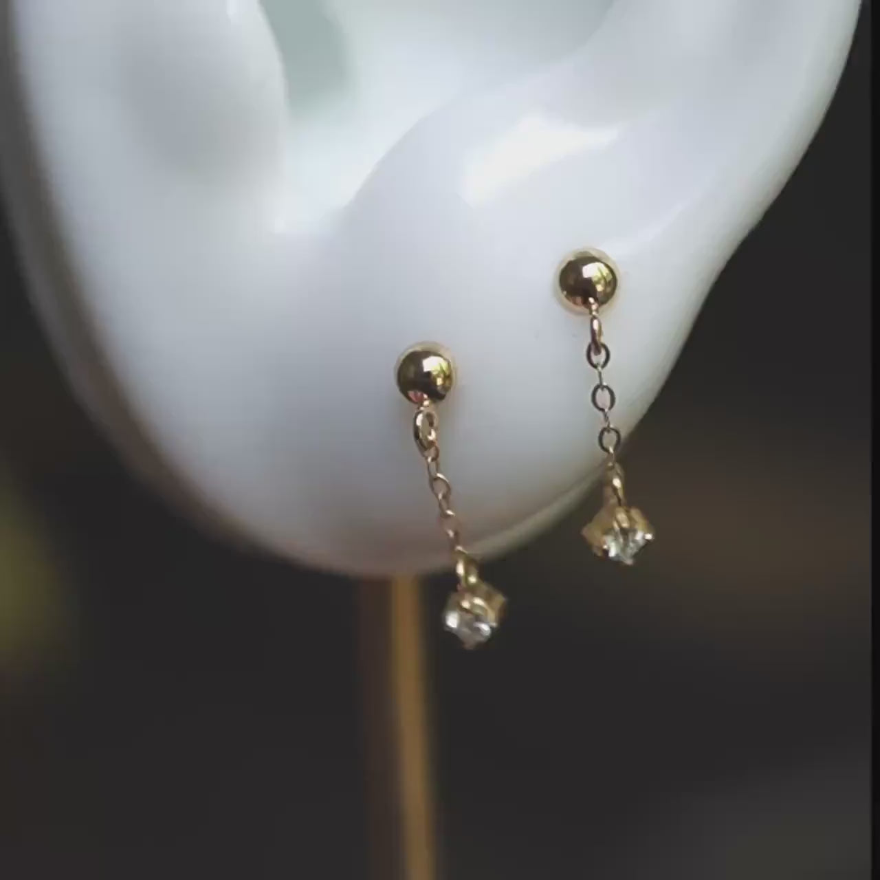 14K Gold Diamond Chain Stud Earrings, Ball Stud Dangle Earrings, Solid Gold Minimalist Earrings, Dainty Jewelry, Diamond Dangle Earrings