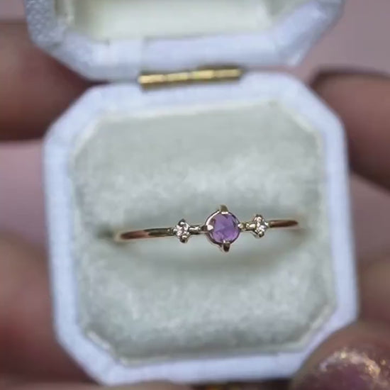14K Amethyst Three Stone Ring, Side Diamond, Rose-cut Amethyst, 10K Gold, Solid Gold Ring, Purple Stone Ring, February Birthstone Ring