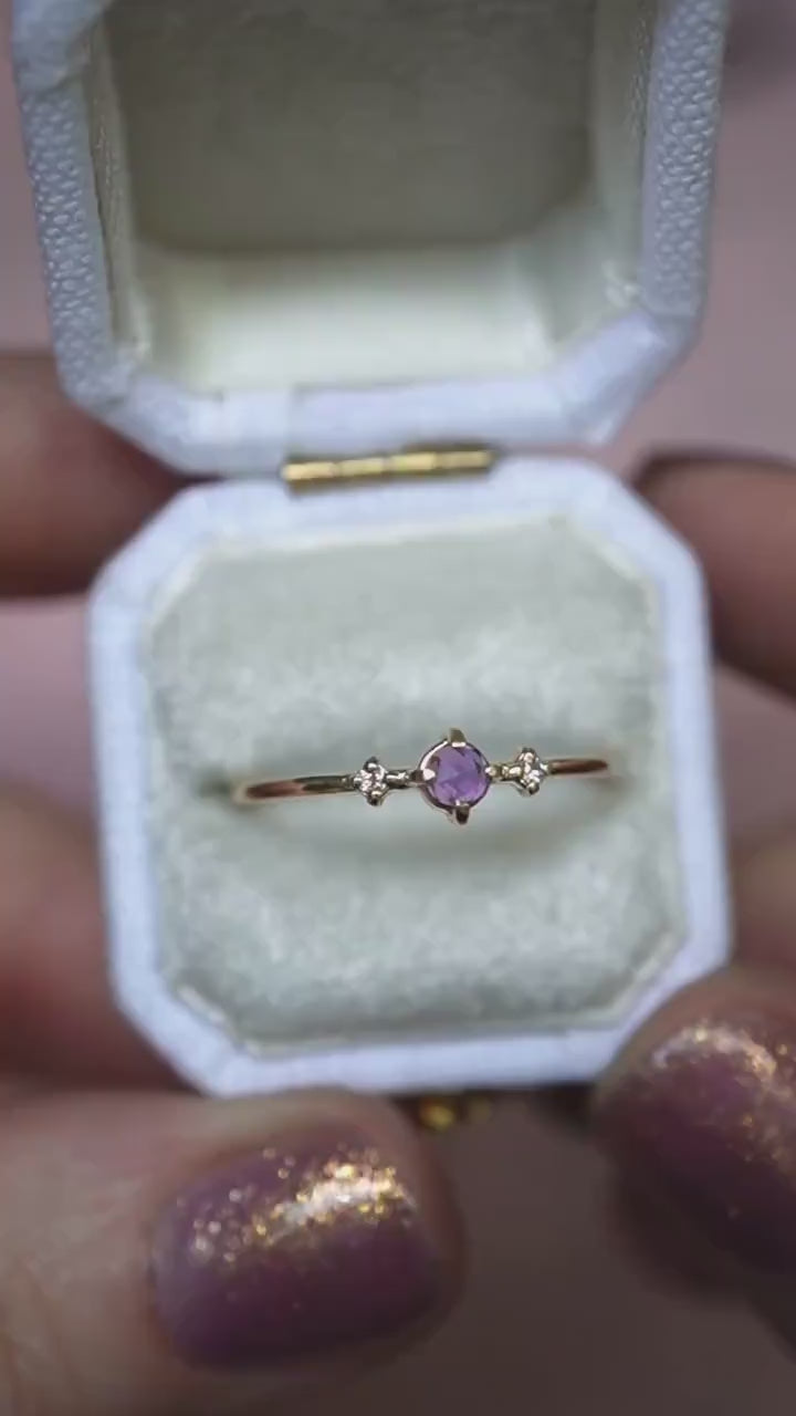 14K Amethyst Three Stone Ring, Side Diamond, Rose-cut Amethyst, 10K Gold, Solid Gold Ring, Purple Stone Ring, February Birthstone Ring