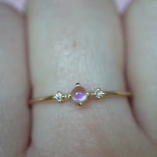 14K Gold Moonstone Diamond Ring, "Moonlight Drive" Ring, Moonstone Ring, Dainty Ring, Smooth Moonstone, Rainbow Moonstone, Blue Flash, 10K